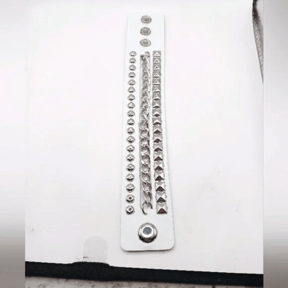 Studded White Belt Vegan Leather + Goth White Stud and Chain Leather Bracelet - Picture 13 of 13
